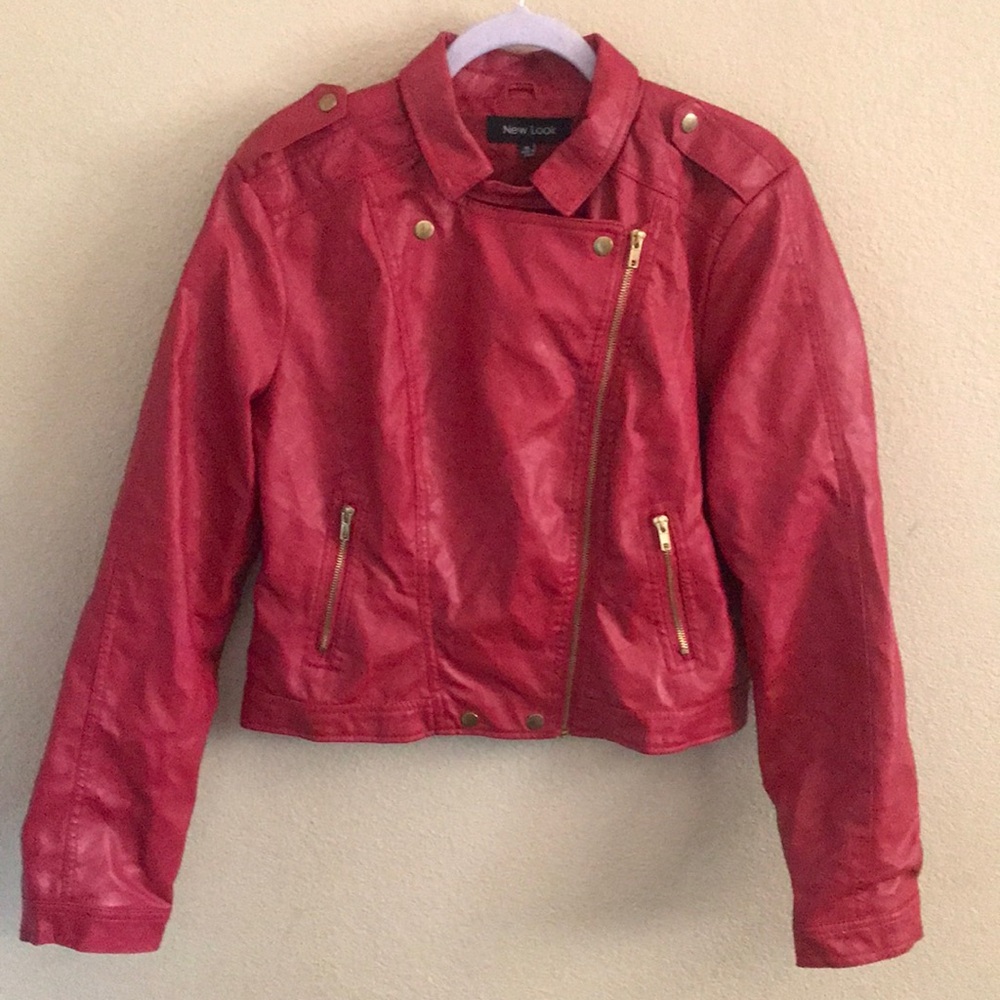 Vegan leather cropped motorcycle jacket.